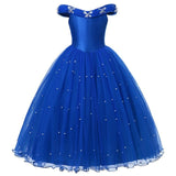 VOGUEON Cinderella Princess Costume for Girl Pageant Ball Gown Kids Off Shoulder Beads Tulle Dress Up Halloween Birthday Clothes