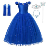 VOGUEON Cinderella Princess Costume for Girl Pageant Ball Gown Kids Off Shoulder Beads Tulle Dress Up Halloween Birthday Clothes