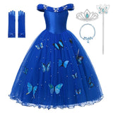 VOGUEON Cinderella Princess Costume for Girl Pageant Ball Gown Kids Off Shoulder Beads Tulle Dress Up Halloween Birthday Clothes