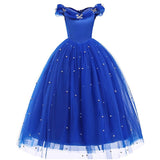 Girl Fluffy Princess Ball Gown Kids Tulle Lace Shoudlerless Performance Dress Cinderella Gorgeous Blue Costumes Halloween Party