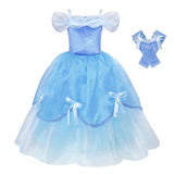 Girl Fluffy Princess Ball Gown Kids Tulle Lace Shoudlerless Performance Dress Cinderella Gorgeous Blue Costumes Halloween Party