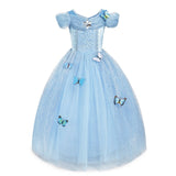 Girl Fluffy Princess Ball Gown Kids Tulle Lace Shoudlerless Performance Dress Cinderella Gorgeous Blue Costumes Halloween Party